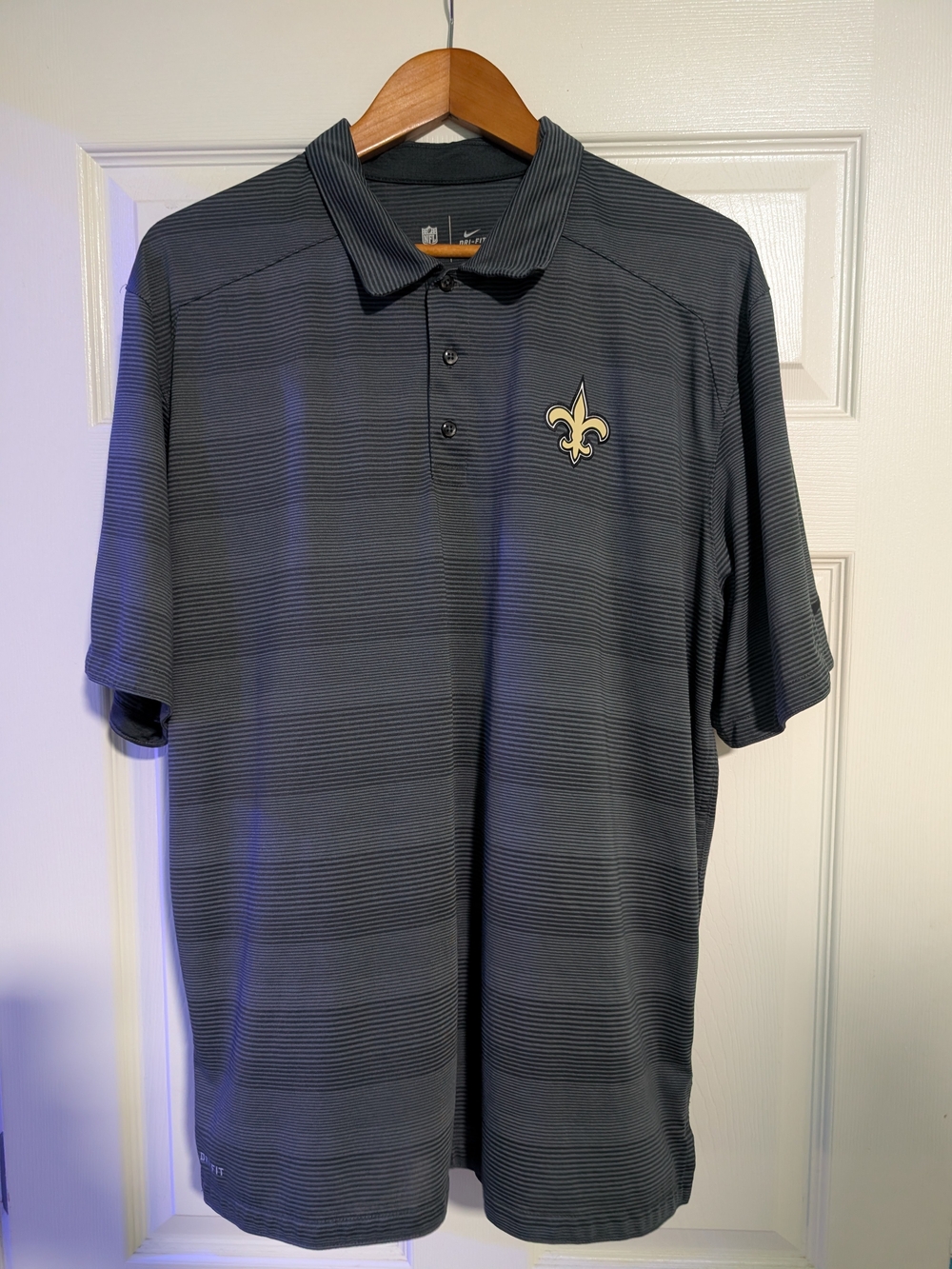 Nike Men's Gray Striped Saints Polo with Gold Fleur-de-lis